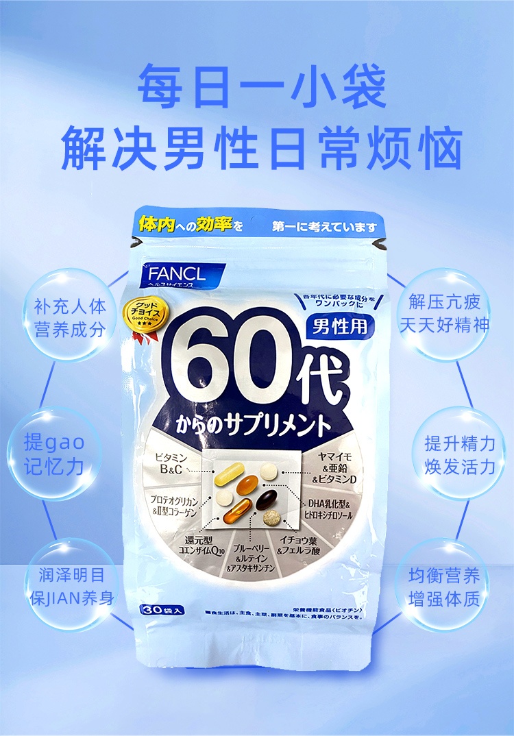 商品[国内直发] FANCL|日本FANCL60岁男士综合营养包60代老年人复合多种维生素b辅酶q10,价格¥432,第4张图片详细描述