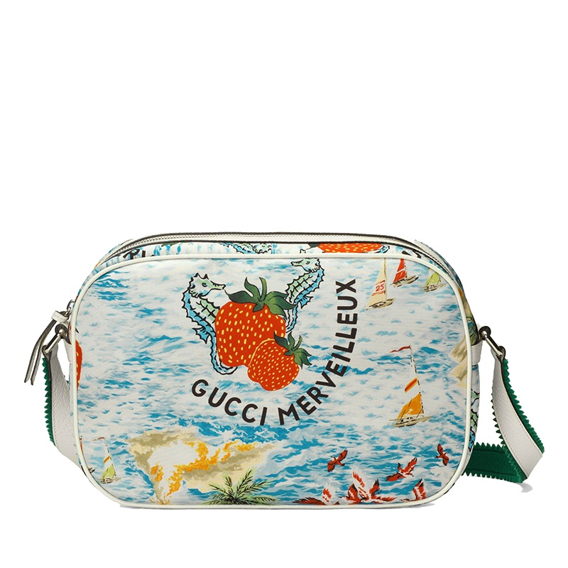 商品Gucci|GUCCI/古驰 儿童款浅蓝色和红色尼龙草莓印花白色皮革饰边单肩斜跨背包682668UQ9EN4364,价格¥5913,第6张图片详细描述