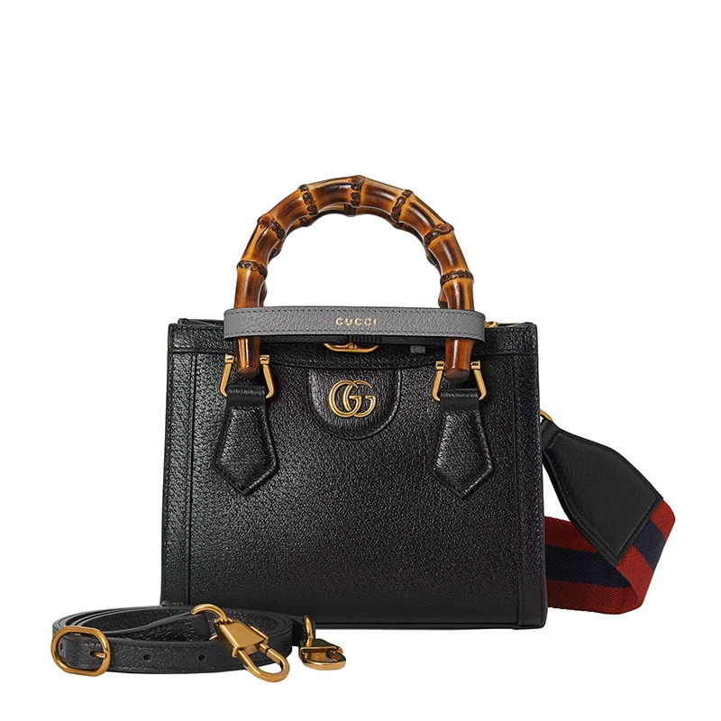 商品Gucci|GUCCI/古驰 22春夏新款Diana系列 女士迷你黑色皮革灰色饰带金扣双竹节提手单肩手提托特包702732U3ZDT1260,价格¥21538,第4张图片详细描述