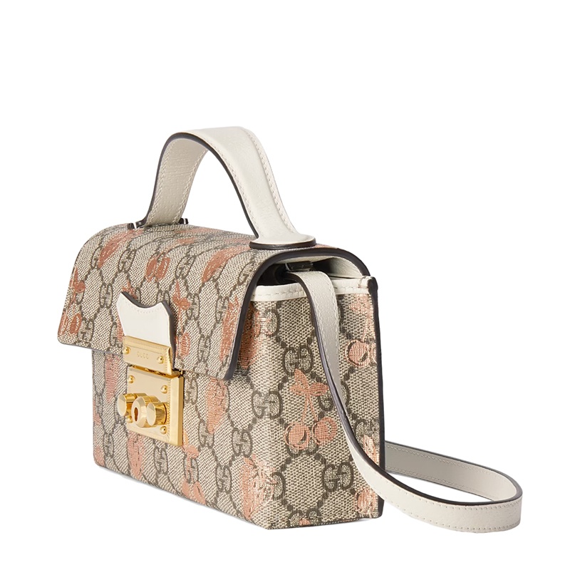 商品Gucci|【包税】GUCCI/古驰 21秋冬新款Padlock系列 女士迷你水果图案印花老花帆布白色皮革金扣斜挎单肩包652683UM6AG8295,价格¥8550,第4张图片详细描述