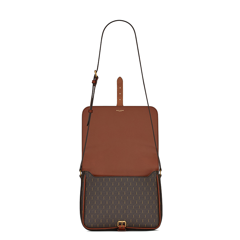 商品Yves Saint Laurent|SAINT LAURENT PARIS/圣罗兰 YSL 22春夏新款MONOGRAMME系列 男士中号板栗色帆布配光滑皮革金扣单肩斜挎邮差包,价格¥8967,第6张图片详细描述