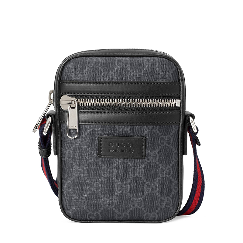 商品Gucci|GUCCI/古驰 22春夏新款 男士小号黑色/灰色帆布黑色皮革滚边饰红蓝条纹织物肩带银扣单肩斜跨邮差包682357K5RLN1095,价格¥6625,第2张图片详细描述