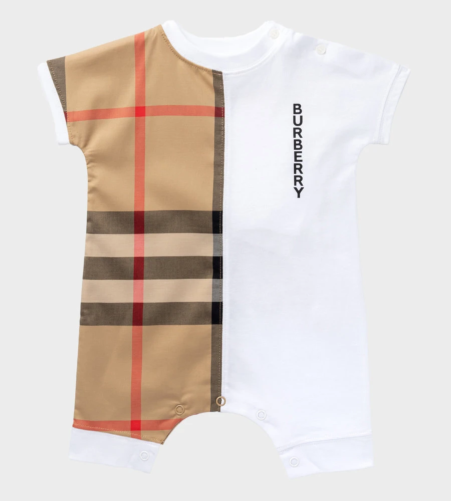 商品Burberry|BURBERRY KIDS 婴幼童米色格纹拼白色短袖连体衣 8048349,价格¥671,第1张图片详细描述