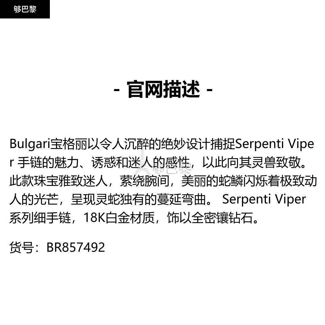 商品BVLGARI|包邮包税【预售7天发货】 BVLGARI宝格丽 23秋冬 女士 手链 Serpenti Viper 手镯 BR857492,价格¥395051,第2张图片详细描述