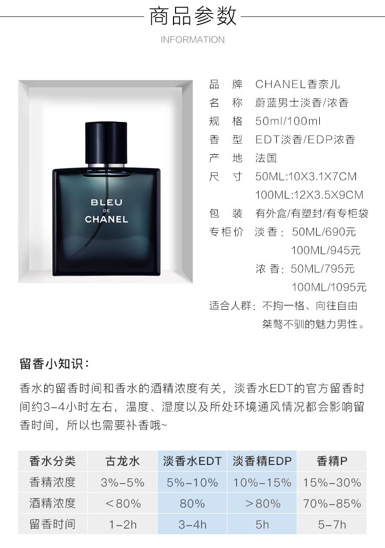 商品Chanel| 香奈儿BLEUl持久古龙 蔚蓝男士浓香水EDP50ML,价格¥1035,第1张图片详细描述