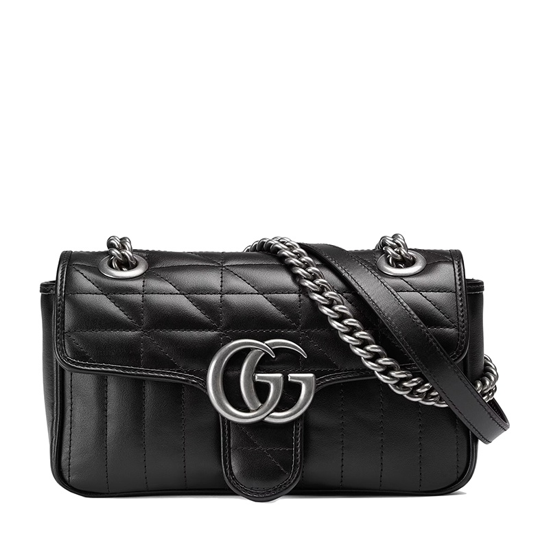 商品Gucci|GUCCI/古驰 GG Marmont系列 女士迷你黑色绗缝皮革复古银饰双G翻盖斜挎单肩链条包,价格¥14817,第2张图片详细描述