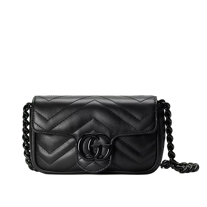 商品Gucci|GUCCI/古驰 22春夏新款GG Marmont系列 女士黑色V型绗缝皮革双G扣翻盖单肩斜挎包腰包‎699757UM8KV1000,价格¥10195,第2张图片详细描述