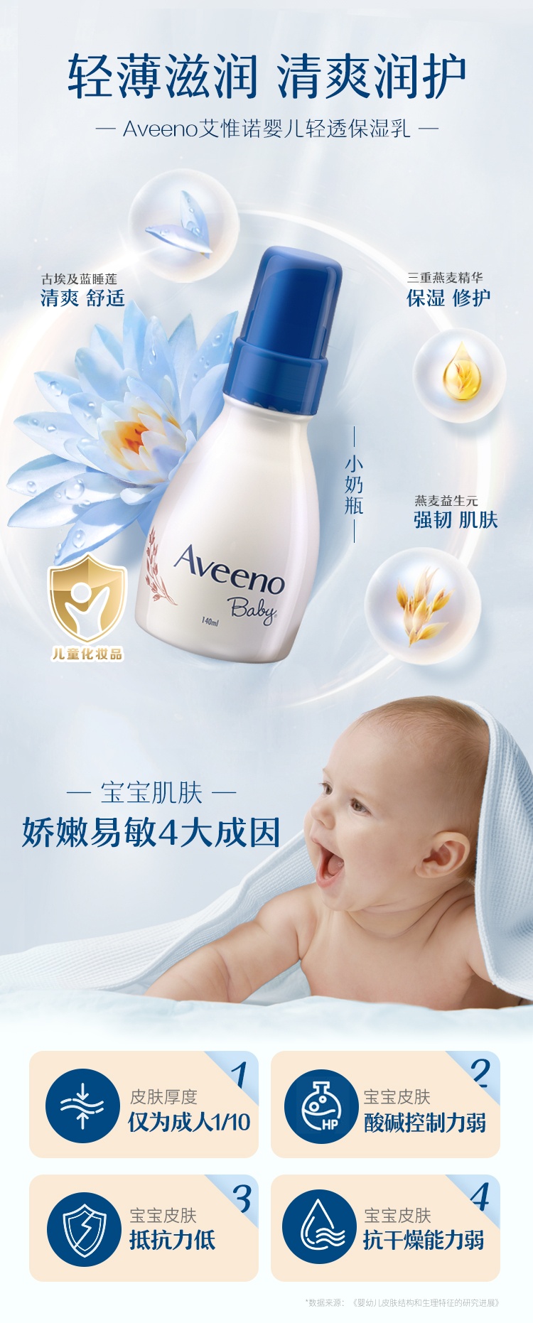 商品[国内直发] Aveeno|艾惟诺婴儿舒缓柔嫩燕麦轻透保湿乳 140ml,价格¥170,第1张图片详细描述