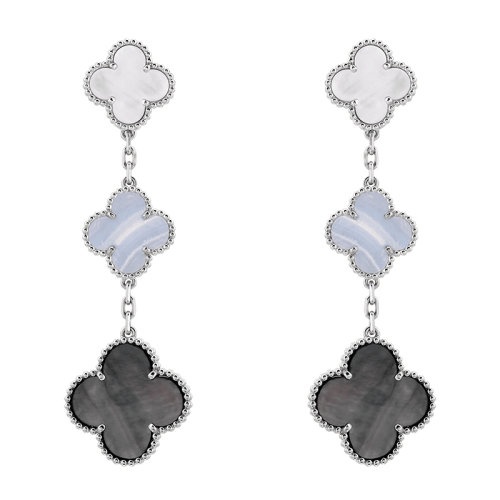 商品Van Cleef & Arpels| Van Cleef & Arpels/梵克雅宝 经典Magic Alhambra系列 18k金白金白色灰色珍珠母贝玉髓3四叶草耳坠耳环VCARN18800,价格¥84106,第3张图片详细描述