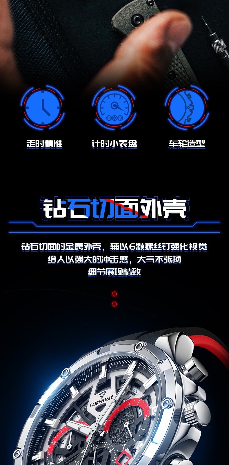 商品[国内直发] Mark Fairwhale|马克华菲品牌手表男士休闲石英表多功能三眼六针名表,价格¥304,第3张图片详细描述