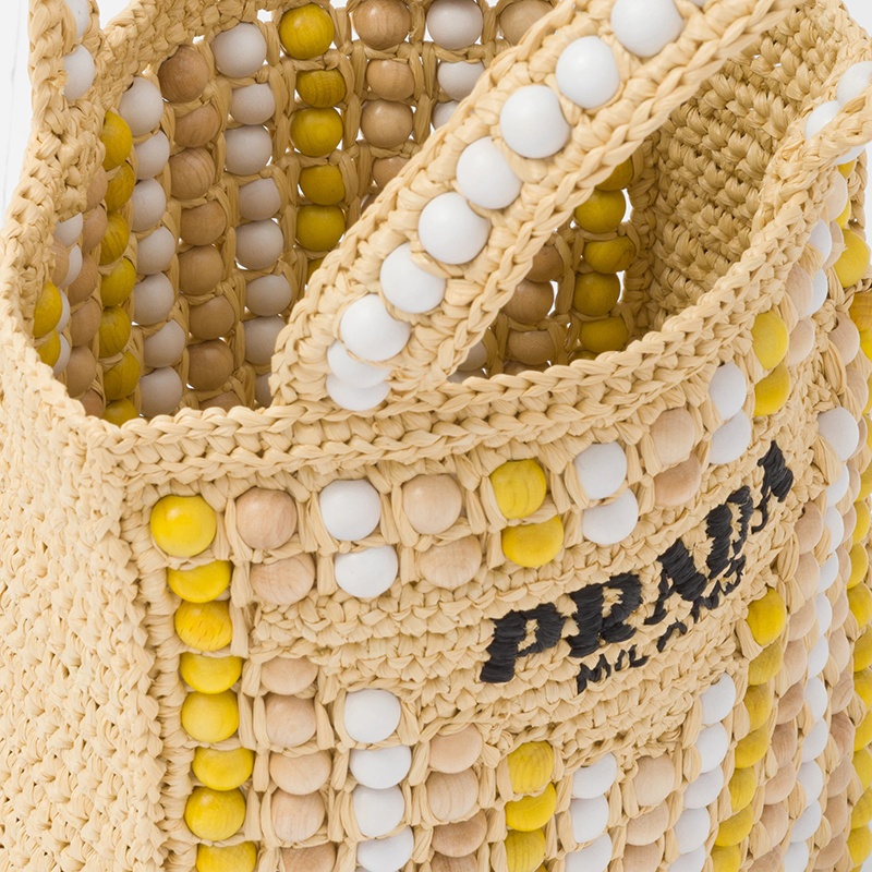 商品Prada|PRADA/普拉达 22新款 女士彩色木球编织拉菲草木质手柄刺绣字母手提托特包1BG425_2FJ0_F0018_V_OOO,价格¥12467,第2张图片详细描述