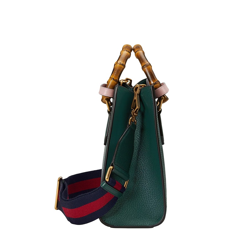 商品Gucci|GUCCI/古驰 Diana系列 女士小号绿色皮革粉色饰带金扣双竹节提手红蓝肩带单肩手提托特包702721U3ZDT3670,价格¥28166,第7张图片详细描述