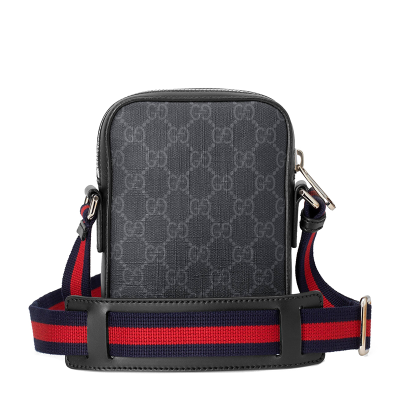 商品Gucci|GUCCI/古驰 22春夏新款 男士小号黑色/灰色帆布黑色皮革滚边饰红蓝条纹织物肩带银扣单肩斜跨邮差包682357K5RLN1095,价格¥6625,第4张图片详细描述