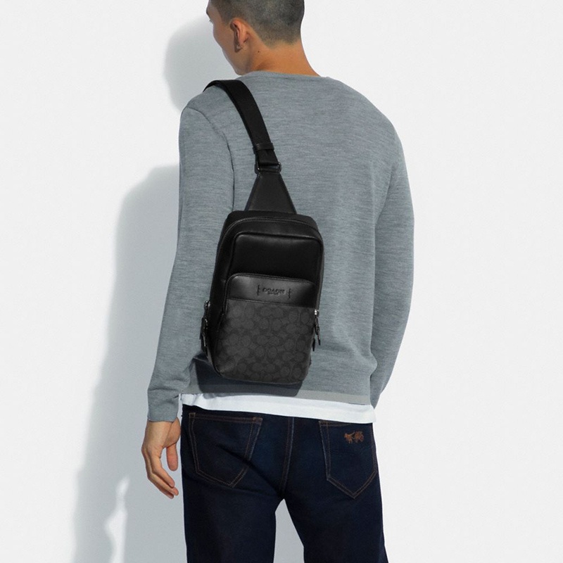 商品Coach|蔻驰Gotham Gotham 帆布腰包男款黑色拼棕色老花（香港仓发货）,价格¥2302,第1张图片详细描述