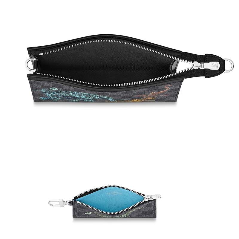 商品Louis Vuitton|预售10天 Louis Vuitton/路易威登 经典款GASTON WEARABLE WALLET系列 男士黑色棋盘格帆布饰彩色印章风格动物印花银扣配可拆卸小袋单肩斜挎包N64608,价格¥12956,第4张图片详细描述