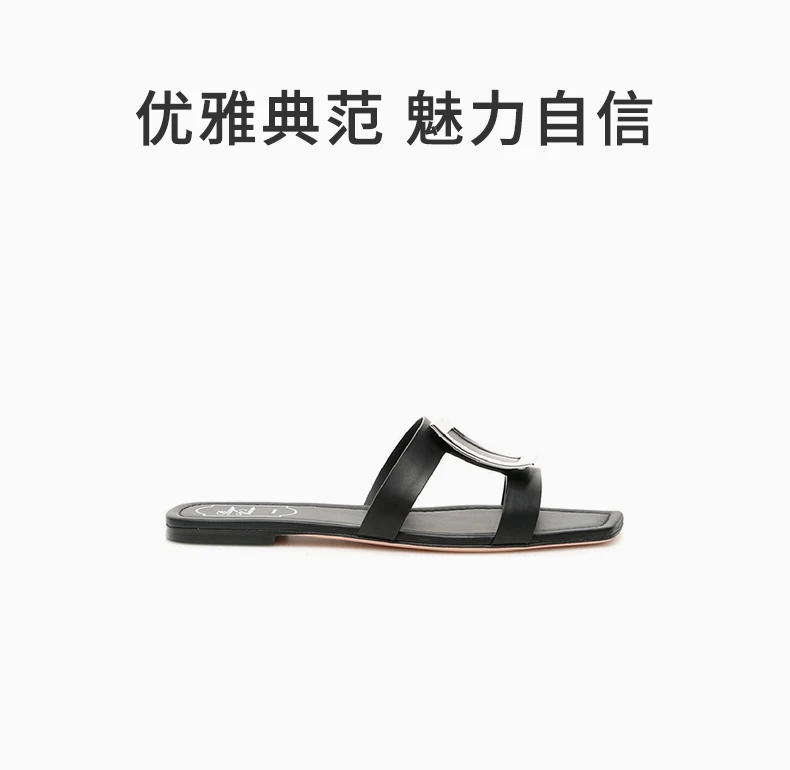 商品Roger Vivier|ROGER VIVIER 罗杰·维维亚 女士黑色露趾平底拖鞋 RVW50423320-D90-B999,价格¥4619,第1张图片详细描述