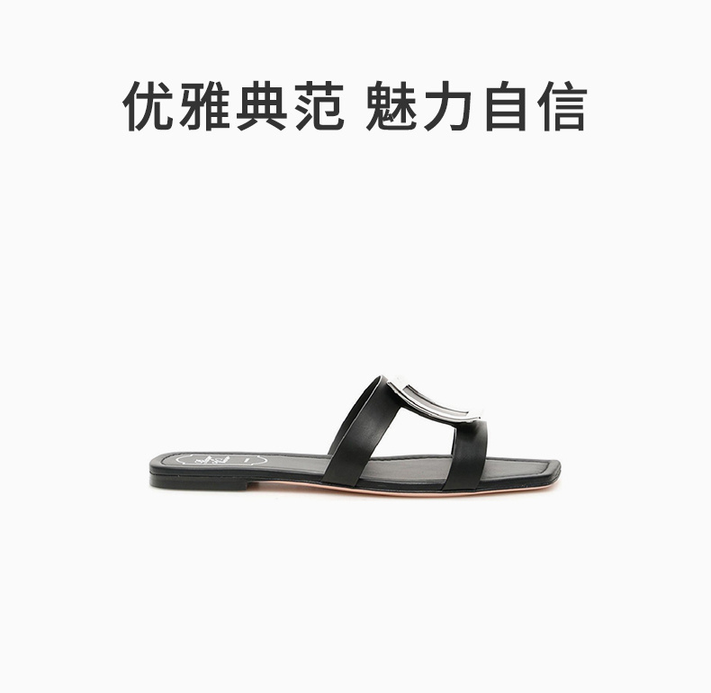 商品Roger Vivier|ROGER VIVIER 罗杰·维维亚 女士黑色露趾平底拖鞋 RVW50423320-D90-B999,价格¥4558,第3张图片详细描述