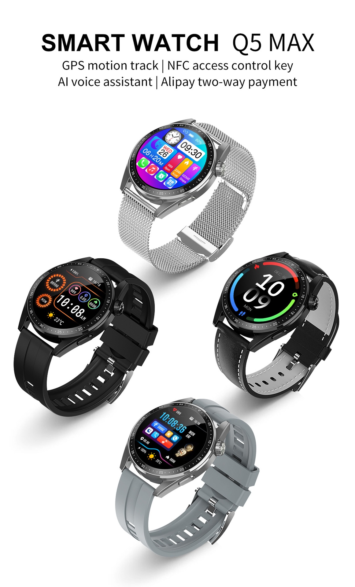 商品[国内直发] GLENVINTEN|格岚云顿 Q5 max新��款蓝牙NFC无线支付智能运动通话AI手表IP68防水,价格¥535,第1张图片详细描述