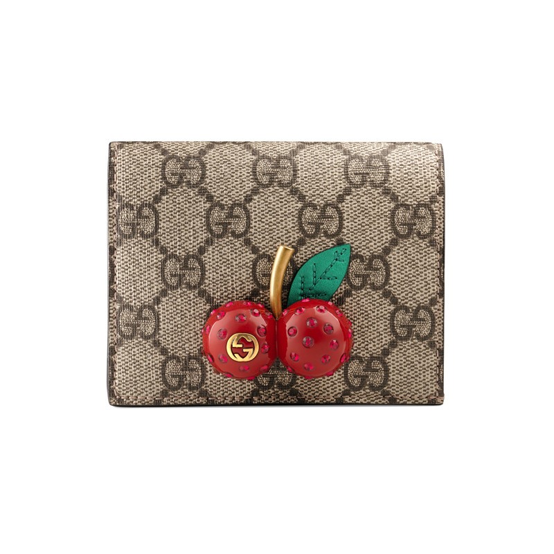 商品Gucci|GUCCI/古驰 GG Supreme女士米色帆布樱桃短款对折钱包,价格¥3232,第2张图片详细描述