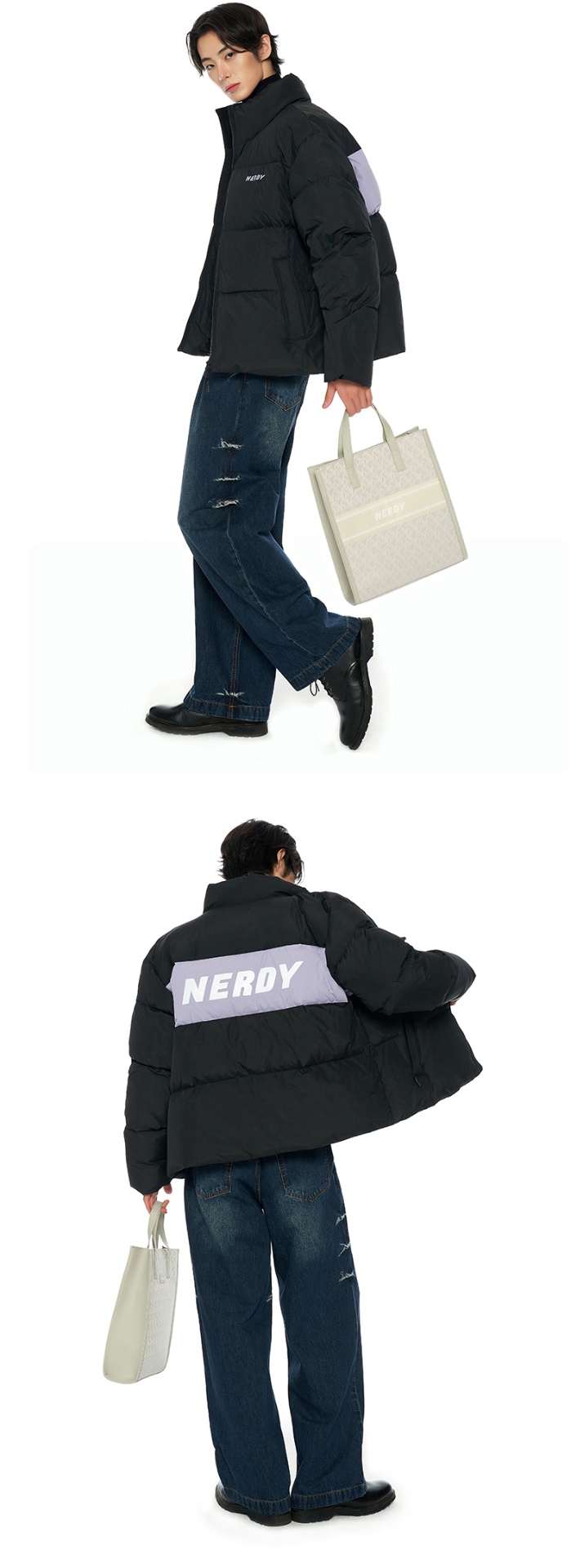 商品NERDY|【享贝家】（国内现货）NERDY 2022冬季新款短款面包服羽绒服宽松休闲情侣同款潮牌外套 男女同款 黑色\奶油色\浅灰色\绿色 PNEW22DJ02 G-LY,价格¥718,第12张图片详细描述