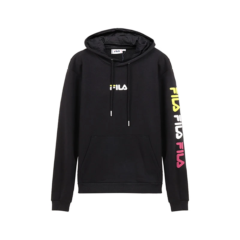 商品[国内直发] Fila|FILA 男士黑色棉聚酯纤维左袖彩色字母LOGO刺绣后背大LOGO加绒款连帽卫衣 687985-A818,价格¥394,第1张图片详细描述