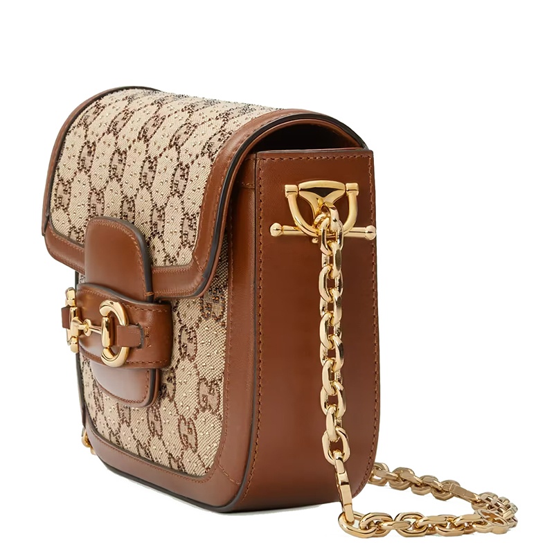 商品Gucci|【包税】GUCCI/古驰  Horsebit 1955系列 女士迷你棕色/乌木饰水晶装饰老花帆布配皮金扣金链单肩斜跨马衔扣包67580121HRG2687,价格¥25644,第4张图片详细描述