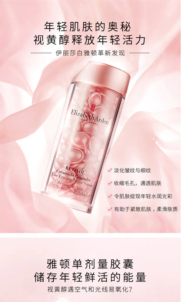 商品Elizabeth Arden|伊丽莎白雅顿粉胶60粒时空焕活夜间多效胶囊补水保湿紧致肌肤【香港直邮】,价格¥276,第1张图片详细描述