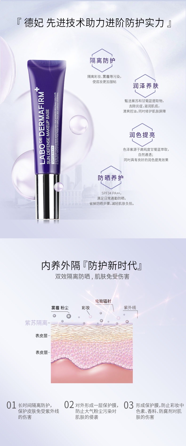 商品[国内直发] DERMAFIRM|Dermafirm德妃抗氧化防雾霾防污染隔离妆前乳30g,价格¥107,第1张图片详细描述