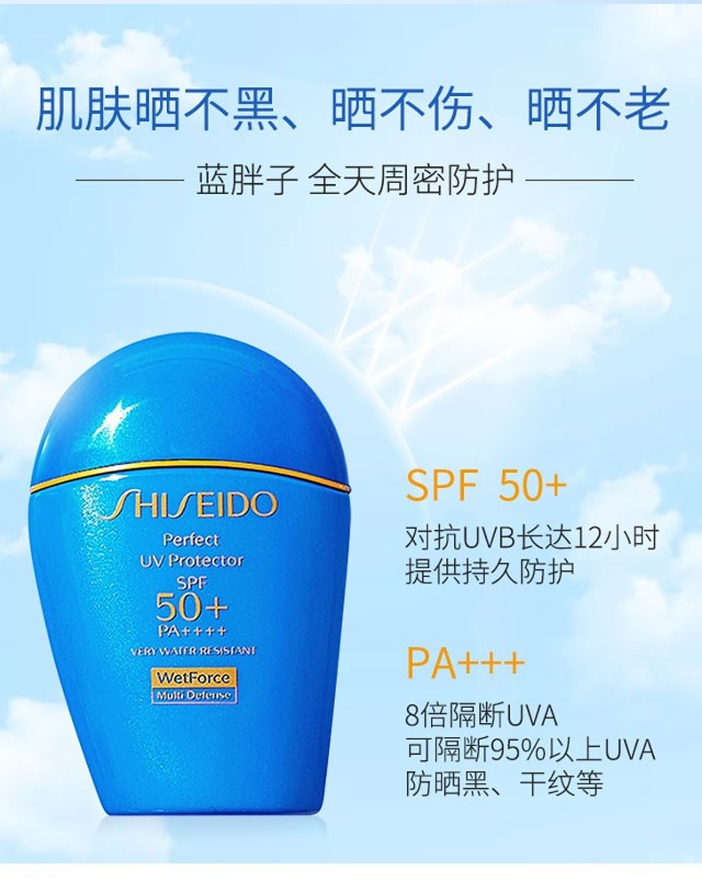 商品Shiseido|SHISEIDO 资生堂 蓝胖子防晒乳液150ml 防水防汗防晒霜面部及身体均可用 SPF50+,价格¥243,第8张图片详细描述