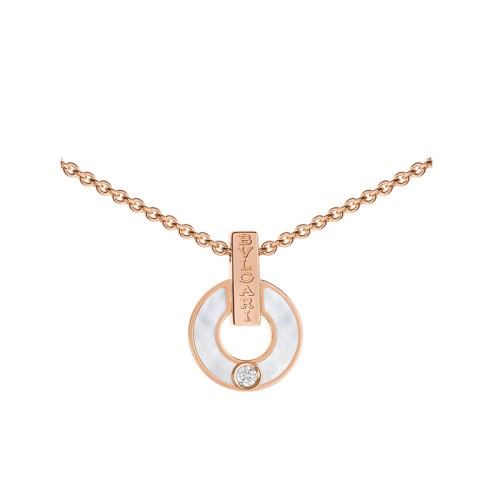 商品BVLGARI|  BVLGARI/宝格丽 BVLGARI BVLGARI系列 18k金玫瑰金圆形镂空镶有珍珠母元素钻石项链357546,价格¥30084,第3张图片详细描述