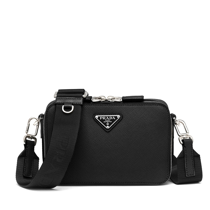 商品Prada|PRADA/普拉达 22春夏新款Brique系列 男士黑色Saffiano皮革银扣三角徽标配织物肩带单肩斜跨包2VH070_9Z2_F0002_V_EMI,价格¥16767,第2张图片详细描述