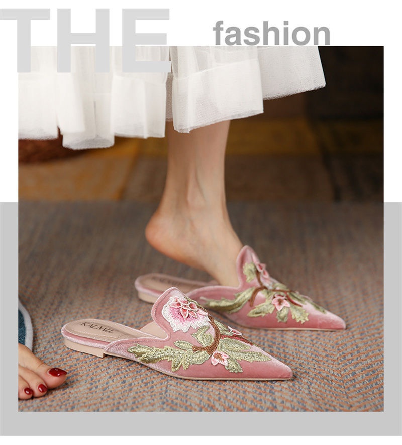 商品[国内直发] GLENVINTEN|格岚云顿2024年夏季新款女鞋尖头绣花平底包头穆勒鞋半拖外穿懒人鞋凉拖鞋,价格¥257,第1张图片详细描述
