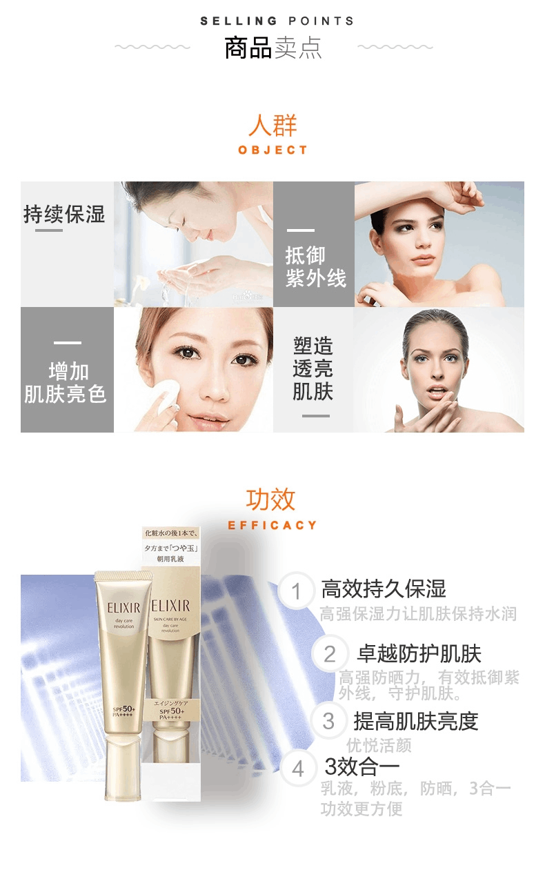 商品ELIXIR|日本 资生堂 ELIXIR怡丽丝尔 防晒乳 金管SPF50 35ml,价格¥249,第3张图片详细描述