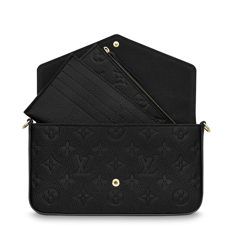 商品Louis Vuitton|预售十天 Louis Vuitton/路易威登 22春夏新款FÉLICIE系列 女士黑色老花压纹软粒面牛皮革金扣金链配可拆卸贴袋翻盖开合斜跨手拿链条信封包M64064,价格¥11083,第6张图片详细描述