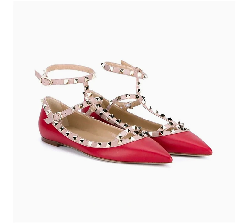 商品[国内直发] Valentino|VALENTINO 女士红色皮革铆钉踝部绑带装尖头平底鞋 RW2S0376-VOD-R19,价格¥5683,第5张图片详细描述