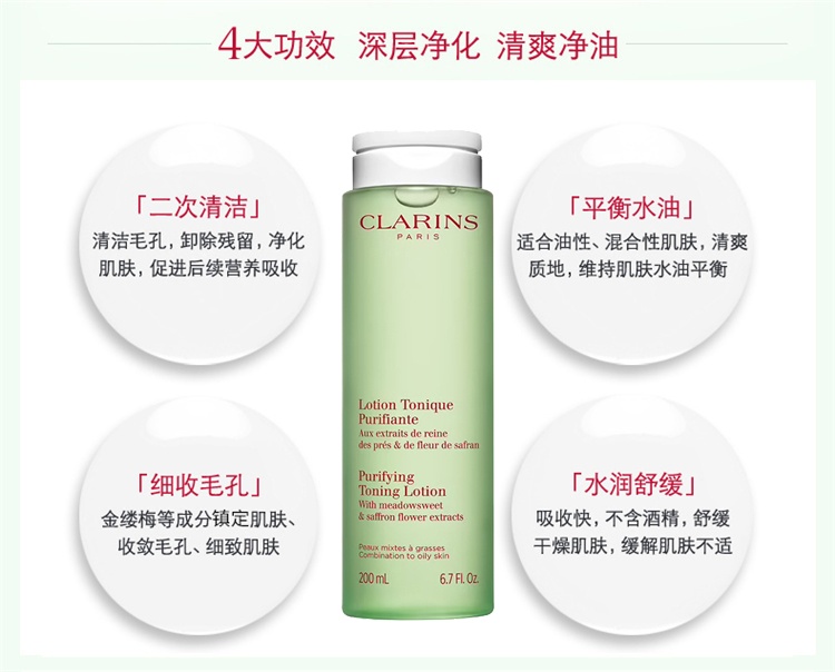 商品Clarins|Clarins娇韵诗平衡控油系列组合套装 洁面125ml+绿水400ml 新老包装随机发货,价格¥380,第6张图片详细描述