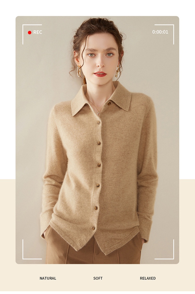商品[国内直发] GLENVINTEN|格岚云顿英国品牌POLO领针织羊绒衬衫女修身显瘦羊绒开衫23秋冬新款女士气质打底衫,价格¥526,第2张图片详细描述