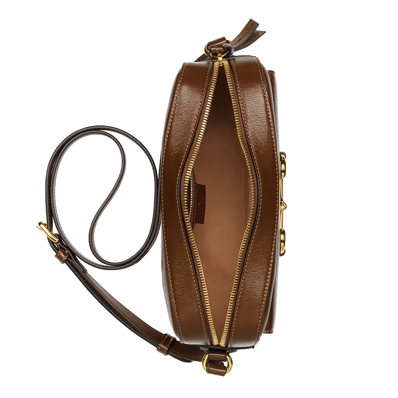 商品Gucci|GUCCI/古驰 Horsebit 1955 女士棕色纹理皮革金色马衔扣细节小号斜挎单肩包 6454541DB0G2361,价格¥12986,第8张图片详细描述