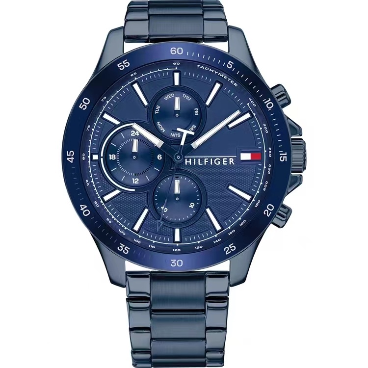 商品[国内直发] Tommy Hilfiger|Tommy Hilfiger汤米希尔费格男士手表石英机芯计时码表蓝色不锈钢手链腕表46mm Blue No Size,价格¥649,第7张图片详细描述