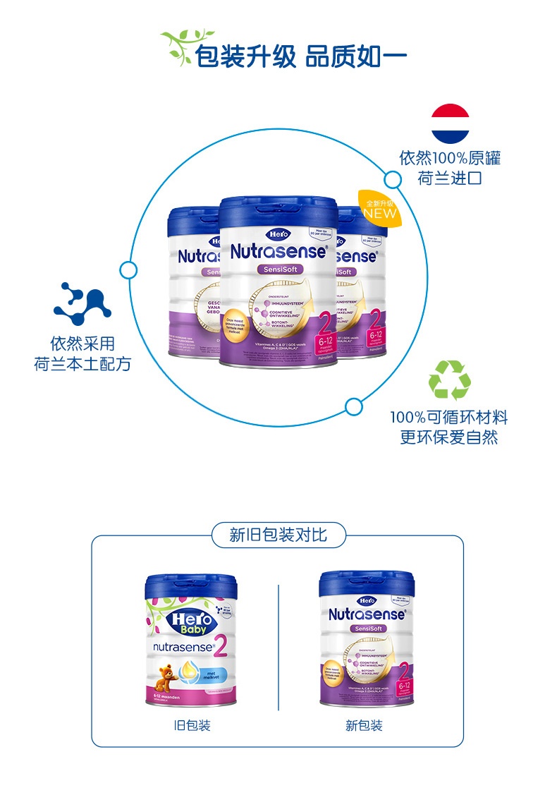 商品Hero baby|荷兰美素HeroBaby婴幼儿配方奶粉白金版2段（6-12个月）800g/罐 新旧版本随机发（保税仓发货）（预售3个工作日内发货）,价格¥271,第3张图片详细描述