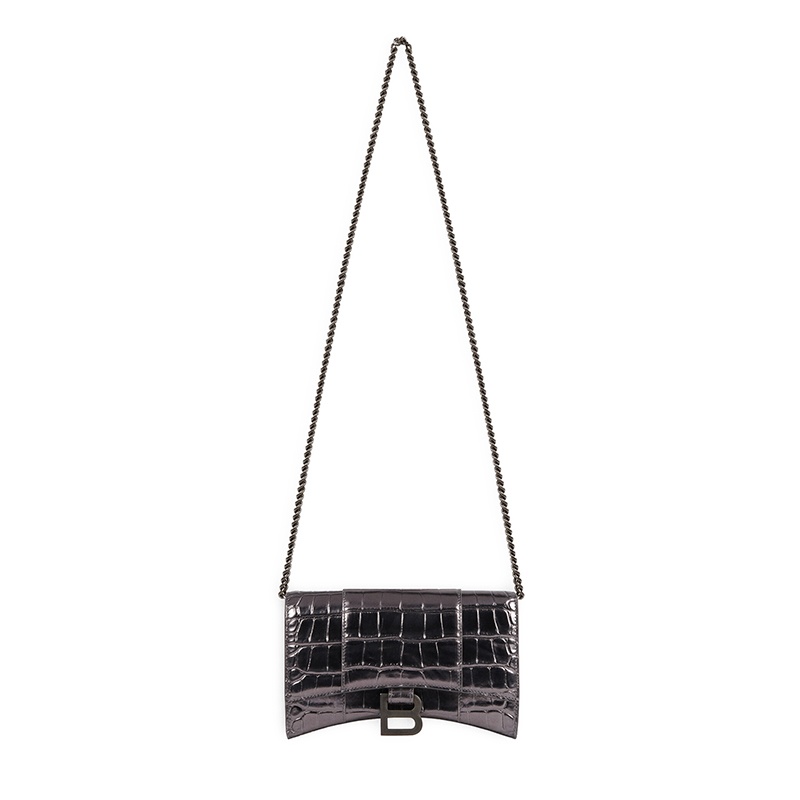 商品Balenciaga|Balenciaga/巴黎世家 HOURGLASS系列 女士黑色鳄鱼压纹小牛皮B徽标磁性钉扣沙漏链条单肩斜挎包6560501S4951015,价格¥10893,第2张图片详细描述