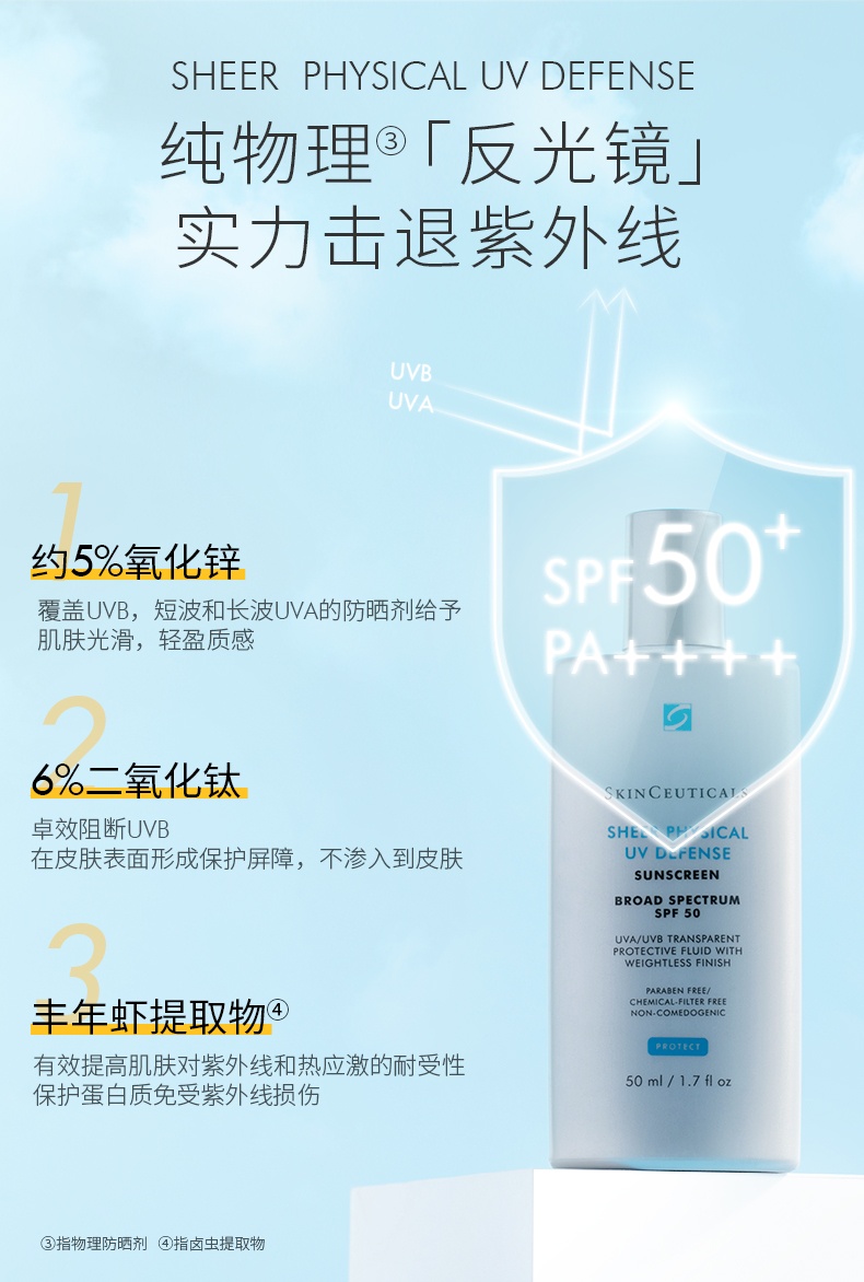 商品SkinCeuticals|修丽可 臻薄物理日光防护乳 物理防晒乳霜清爽保湿SPF50 30ml,价格¥248,第2张图片详细描述