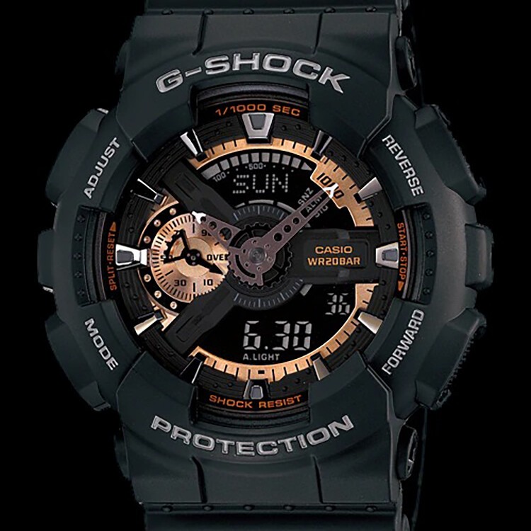 商品[国内直发] Casio|卡西欧（CASIO）G-SHOCK手表男女大盘时尚双显多功能防水防震运动电子潮流节日礼物男表 黑玫瑰金GA-110RG-1A-黑香槟色配色-GA-110RG-1A,价格¥1154,第3张图片详细描述