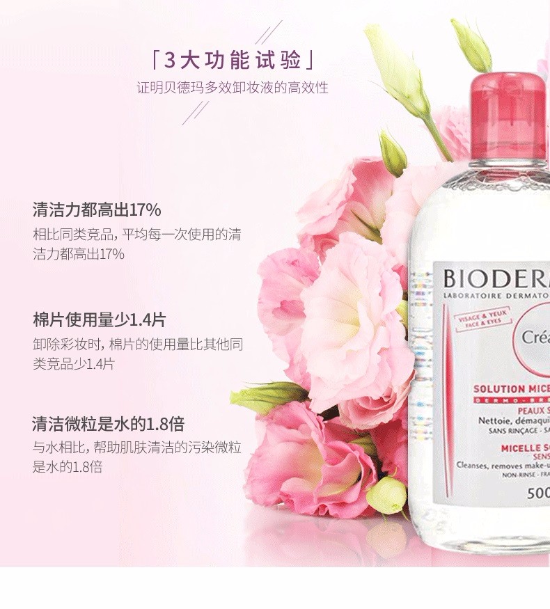 商品Bioderma|包邮｜ BIODERMA 贝德玛 舒妍温和保湿卸妆水 粉瓶 500ml QTL5790HT【香港直发】,价格�¥76,第10张图片详细描述