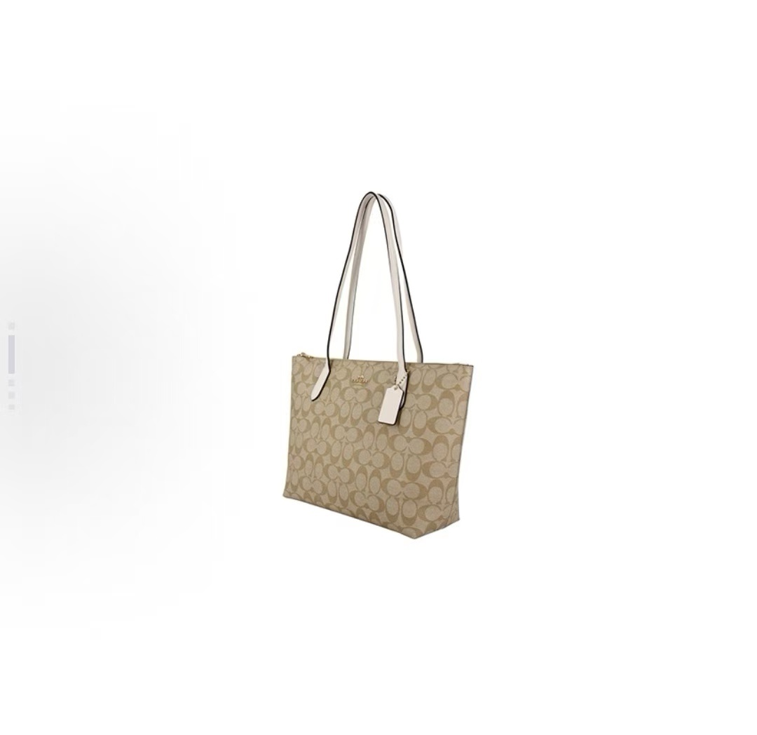 商品[国内直发] Coach|COACH蔻驰 Zip Top Tote 30 老花帆布配皮托特包Tote包购物袋单肩包 大号 女款 白色配棕色老花,价格¥1252,第3张图片详细描述