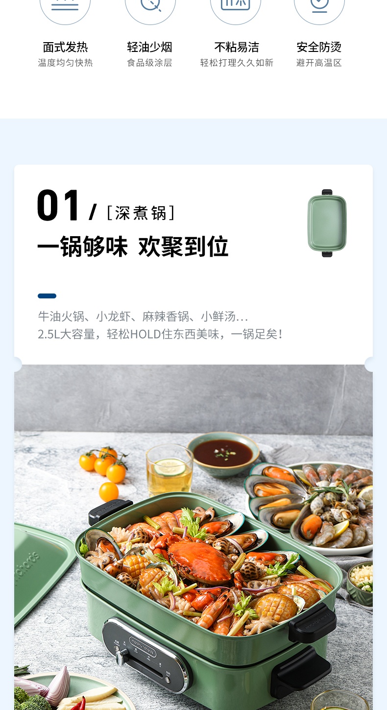 商品Morphy Richards|英国摩飞 多功能锅 MR9088 料理锅烧烤肉蒸煮炒煎电火锅（蓝/白/红/绿色）,价格¥226,第2张图片详细描述