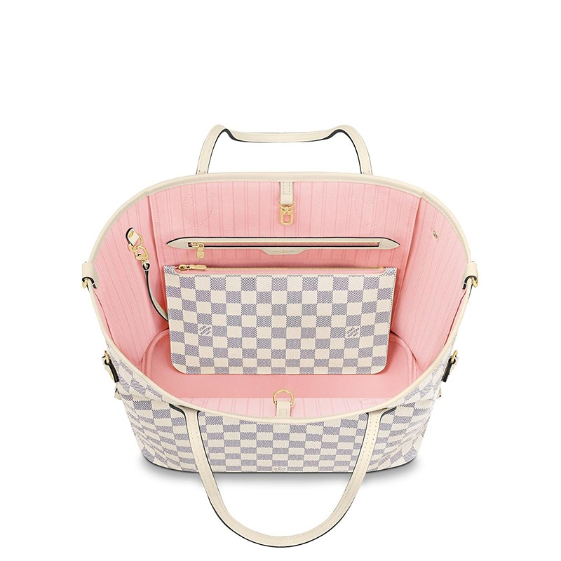 商品Louis Vuitton|预售10天 Louis Vuitton/路易威登 22春夏新款NEVERFULL系列 女士中号天蓝色棋盘格帆布皮革饰边细节金扣配可拆卸小袋多色编织肩带抽绳开合手提托特包N45295,价格¥17308,第5张图片详细描述