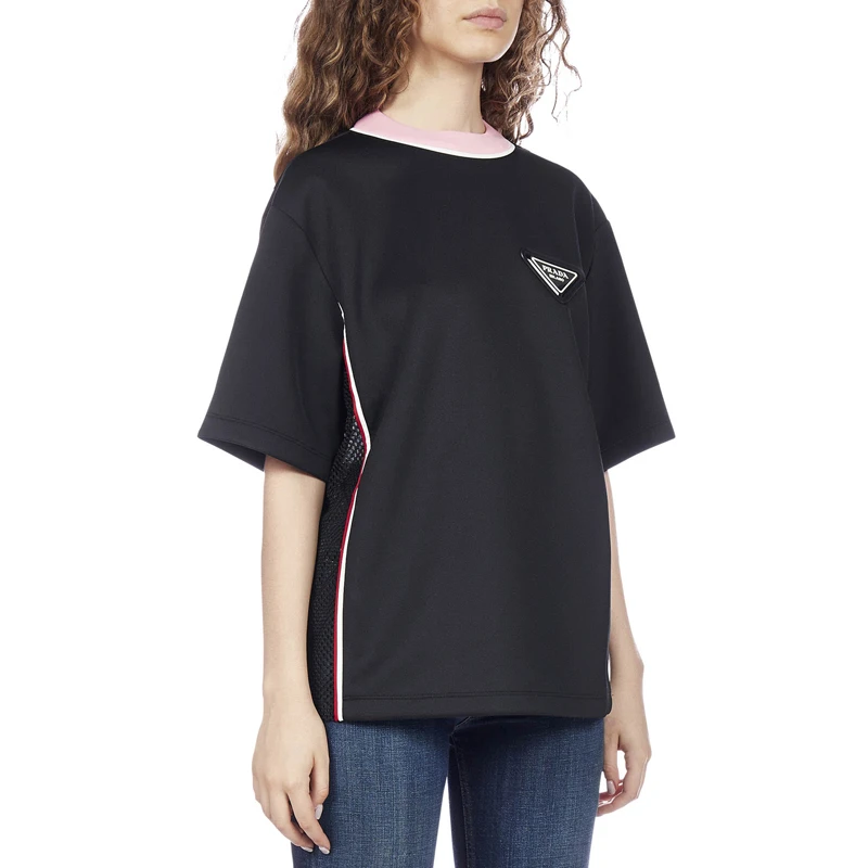 商品[国内直发] Prada|PRADA 女士黑色三角徽标粉色圆领短袖T恤 135690-1X76-F014A,价格¥3768,第5张图片详细描述