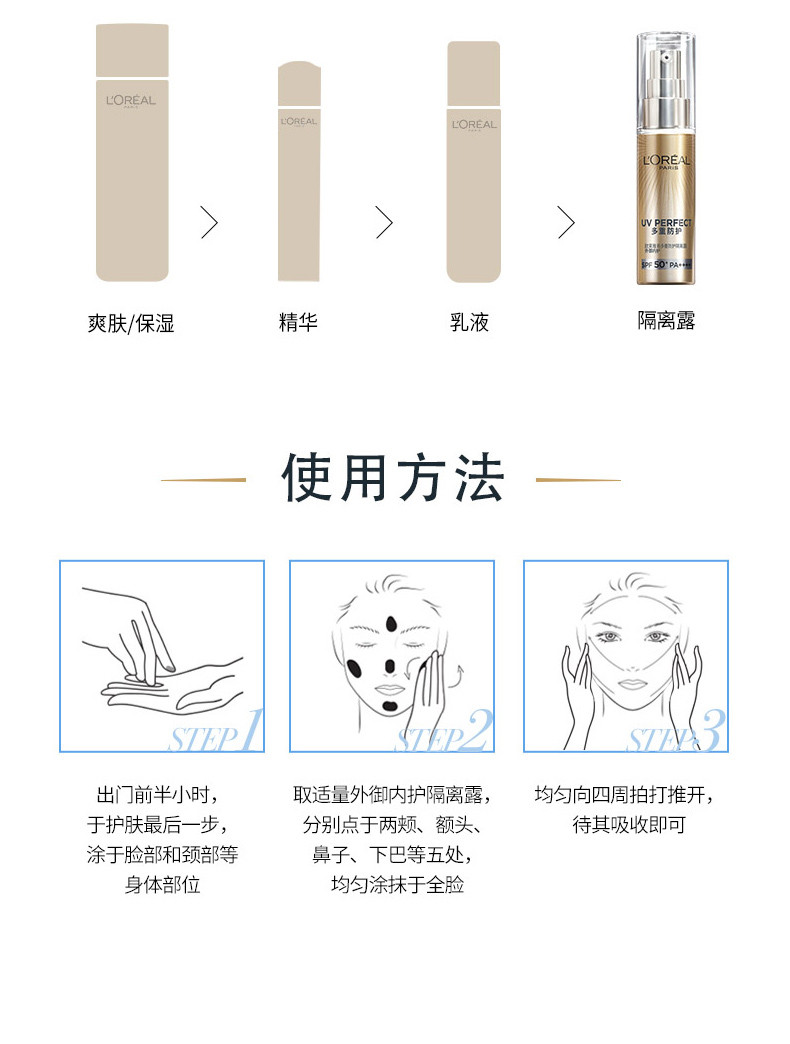 商品L'Oreal Paris|包邮 | 多重防护防晒霜隔离露户外清爽 新小金管 30MLSPF50+PA++++（预计一周发货）【香港直发】,价格¥126,第13张图片详细描述