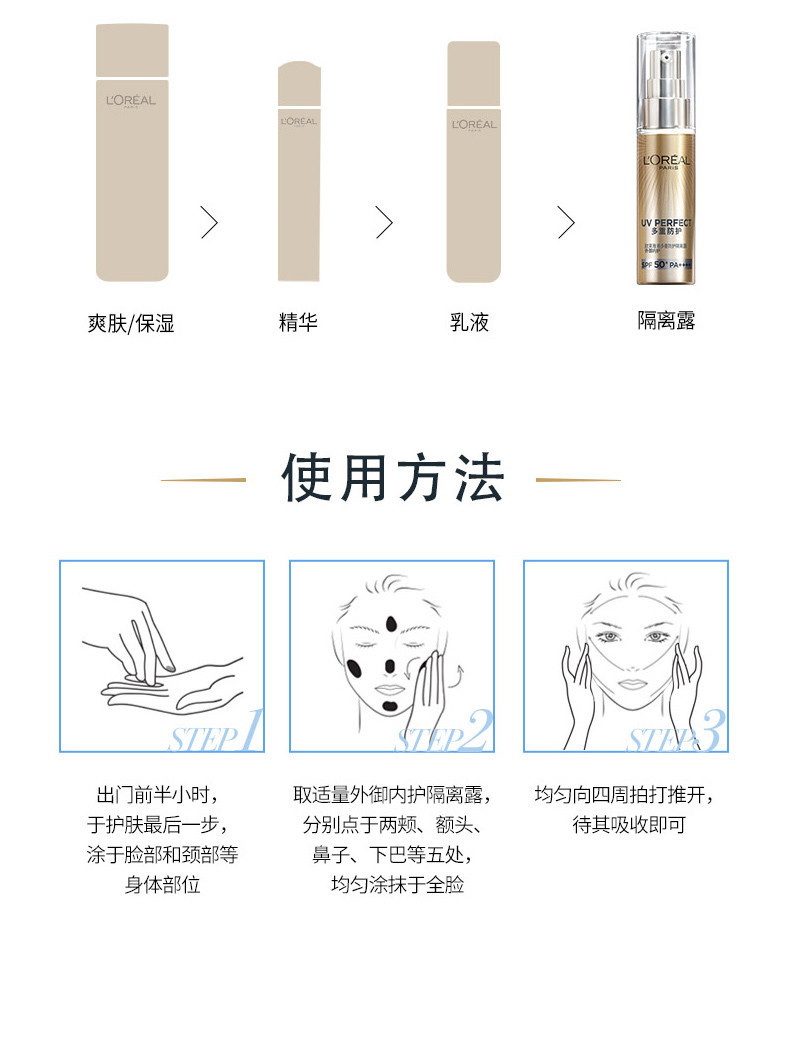 商品L'Oreal Paris|包邮 | 多重防护防晒霜隔离露户外清爽 新小金管 30MLSPF50+PA++++（预计一周发货）【香港直发】,价格¥122,第13张图片详细描述